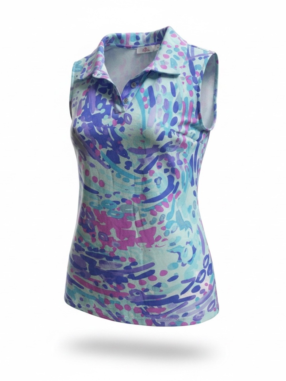 Aryeh Sleeveless Collared Tank in Aqua, Purple, and Pink Abstract Print